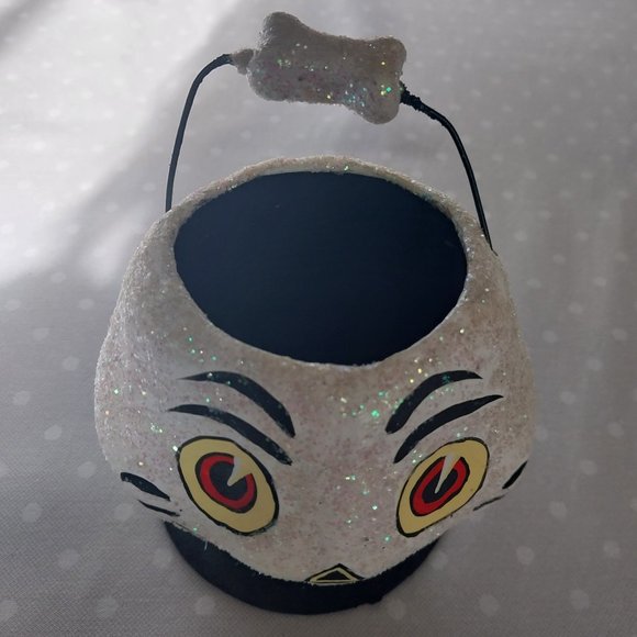 Department 56 Vintage Small Paper Mache Skull Skeleton Pumpkin Candy Pail Bucket - Picture 5 of 7